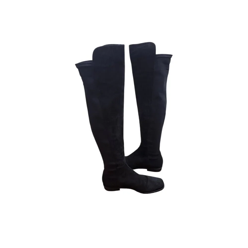 Stuart Weitzman 5050 Black Suede Over The Knee Flat Boots Stretch OTK Women 7.5